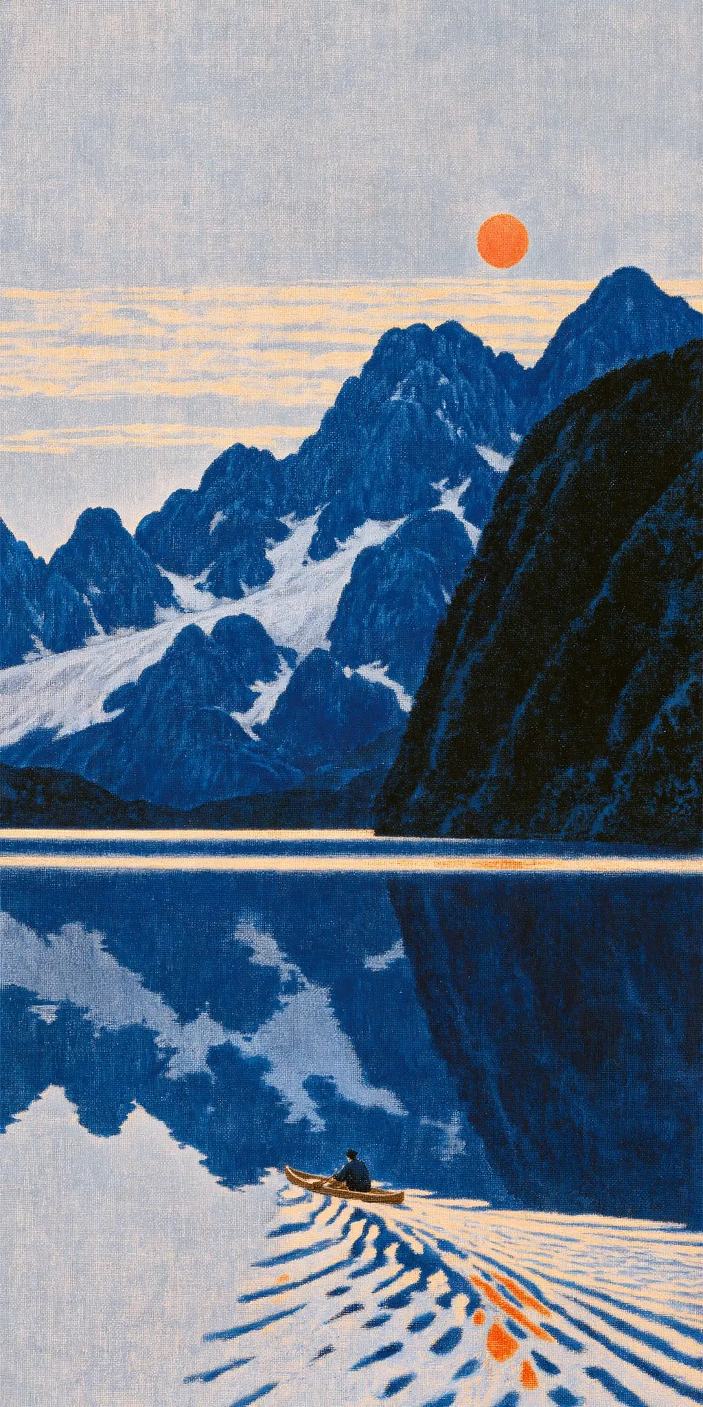 Painting of a lone canoe crossing a still lake below snow-covered blue mountains and an orange sun