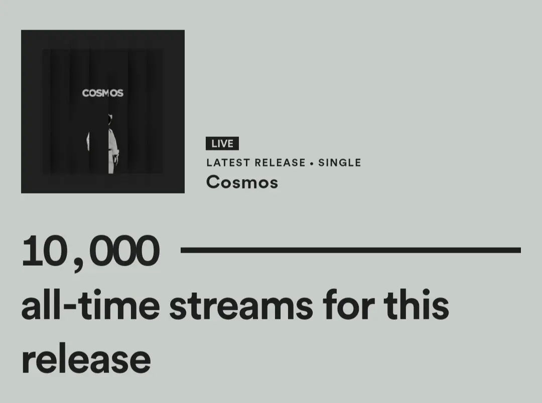 Cosmos reaching 10,000 all-time streams on Spotify